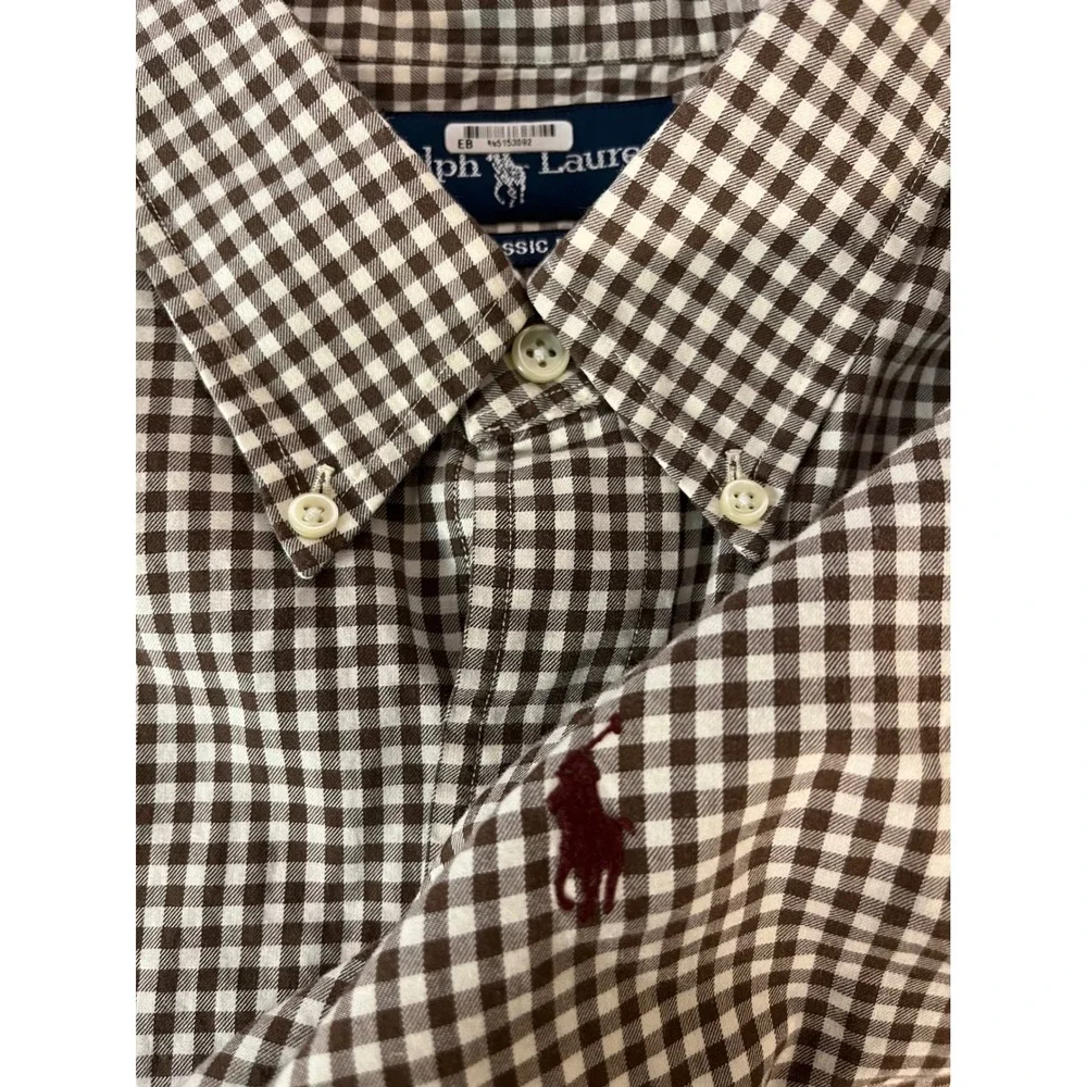 Ralph Lauren Button Down Shirt Mens XL Brown Gingham Classic Fit‎